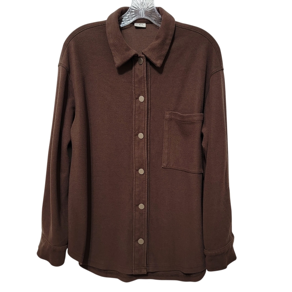 OGL | Long Sleeve Button Front Shacket Chocolate Brown Shirt Jacket Ribbed Knit